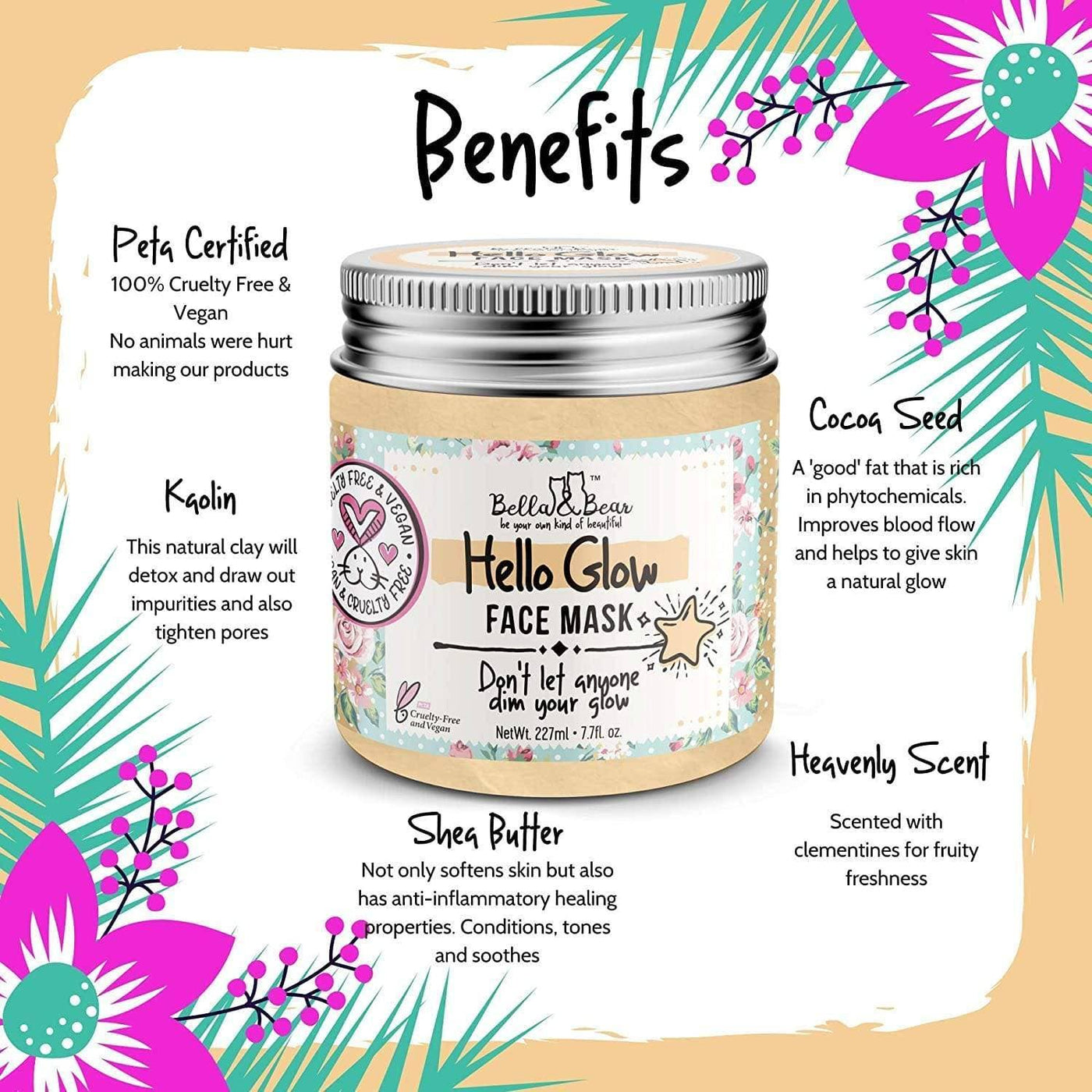 Bella and Bear Hello Glow face mask jar with floral label and tropical benefits graphic