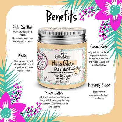 Bella and Bear Hello Glow face mask jar with floral label and tropical benefits graphic