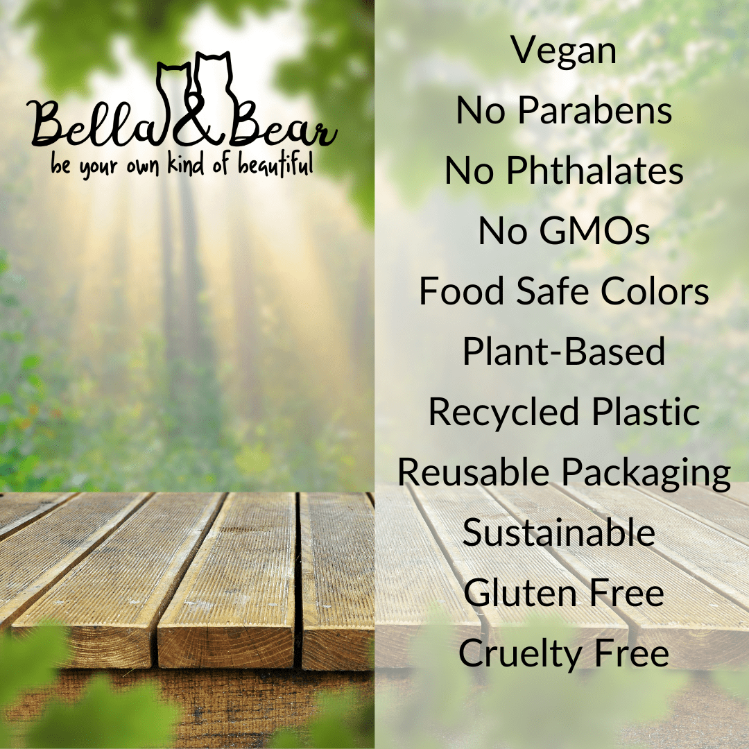 Bella and Bear display with Hello Glow face mask on wooden table listing vegan cruelty free and sustainable features