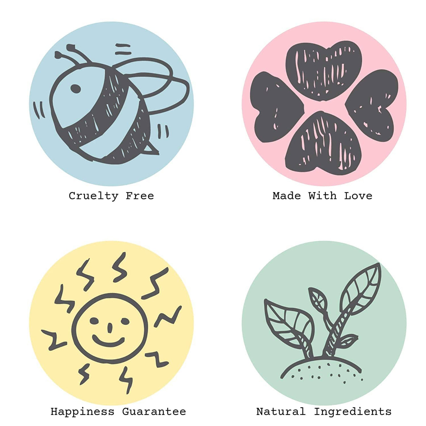 Hello Glow face mask icons showing cruelty free bee made with love hearts happy sun natural leaves