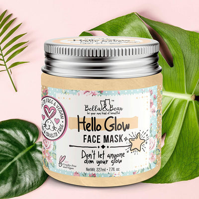 Bella and Bear Hello Glow face mask jar with floral label cruelty free vegan skincare product