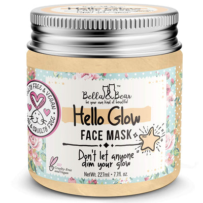Bella and Bear Hello Glow face mask in floral jar with silver lid cruelty free vegan 227ml