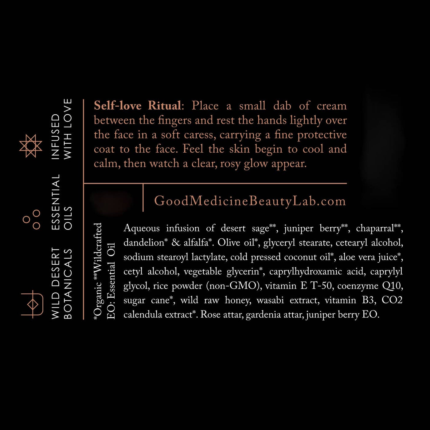 Good Medicine Beauty Lab product label for awakening face cream showing ingredients and self love ritual
