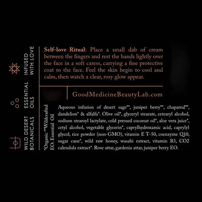 Good Medicine Beauty Lab product label for awakening face cream showing ingredients and self love ritual