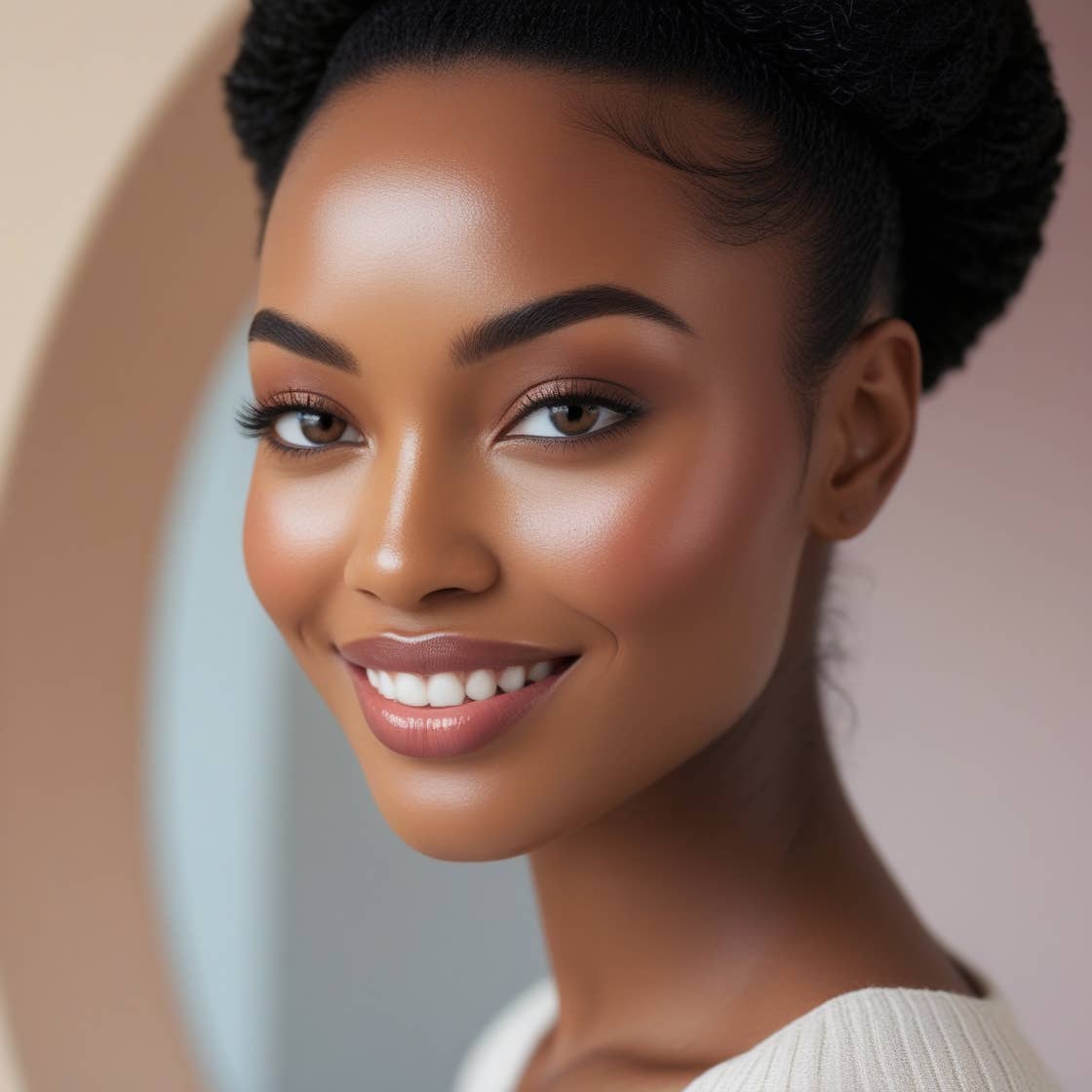 Beautique Goals model showcasing radiant dewy skin after using facelift cream with manuka honey for firming
