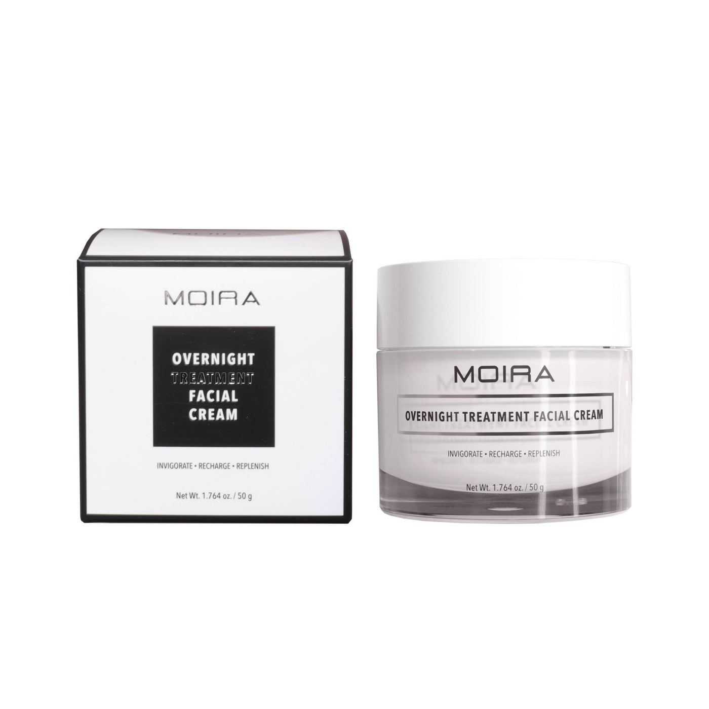 Moira Cosmetics moisturizing cream jar and box labeled overnight treatment facial cream for hydration