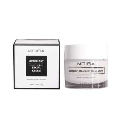 Moira Cosmetics moisturizing cream jar and box labeled overnight treatment facial cream for hydration