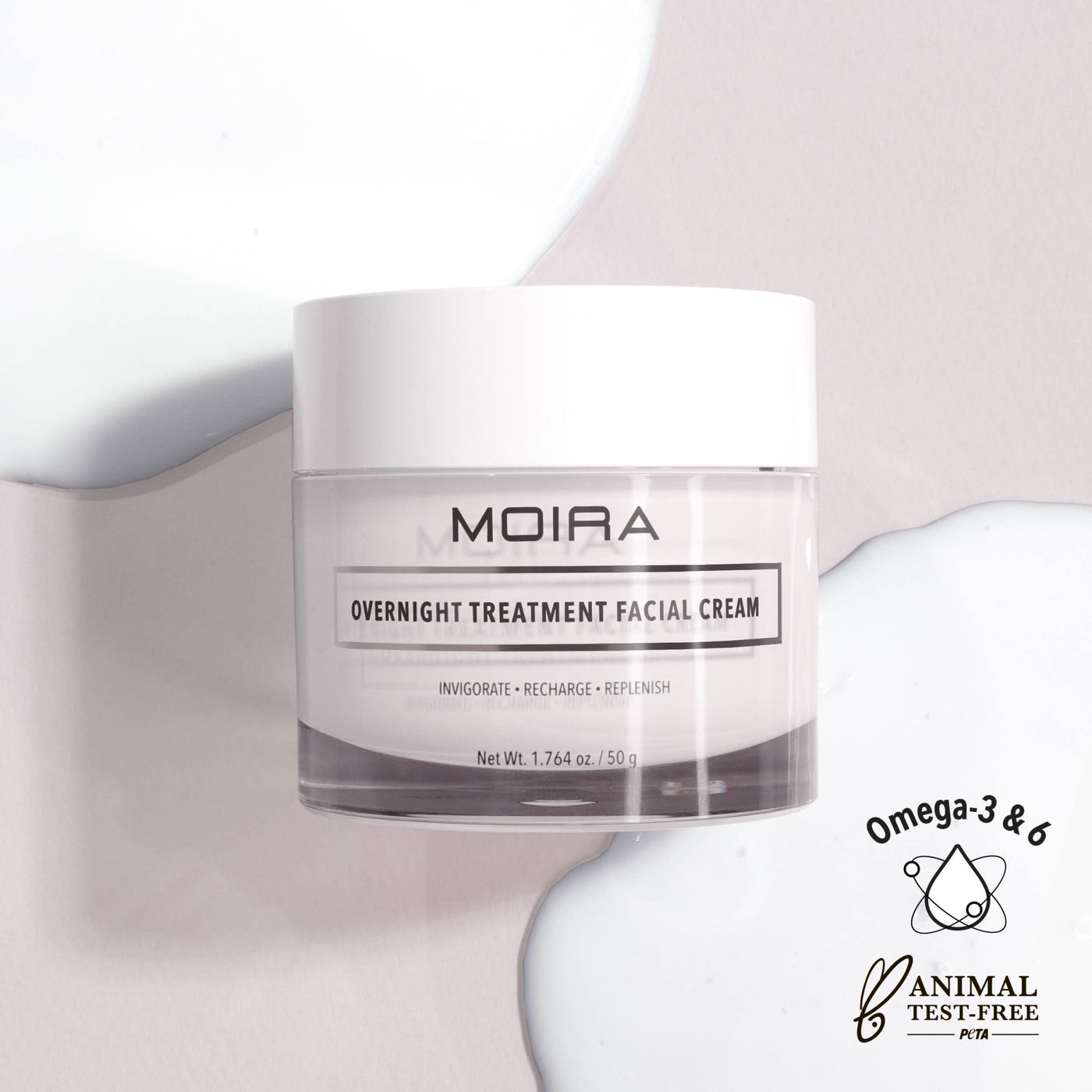 Moira Cosmetics overnight treatment facial cream white jar moisturizing formula with omega 3 and 6