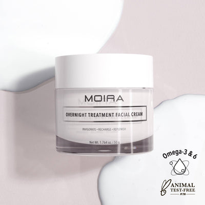 Moira Cosmetics overnight treatment facial cream white jar moisturizing formula with omega 3 and 6