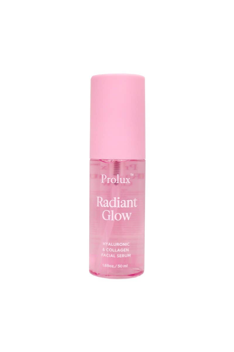 Prolux Radiant Glow hyaluronic and collagen facial serum in pink pump bottle for hydrated skin