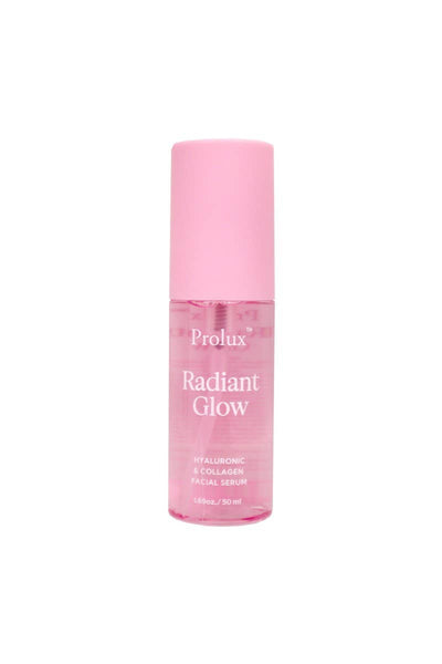 Prolux Radiant Glow hyaluronic and collagen facial serum in pink pump bottle for hydrated skin