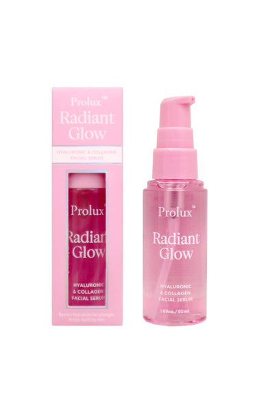 JRose Prolux Radiant Glow pink pump bottle and box hyaluronic and collagen facial serum for hydration and plumping