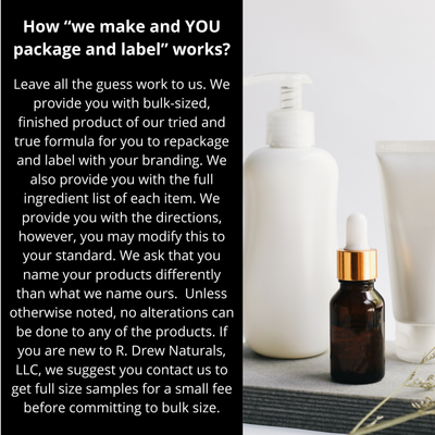 R Drew Naturals polished bloom facial scrub display with white pump bottle amber dropper bottle and tube