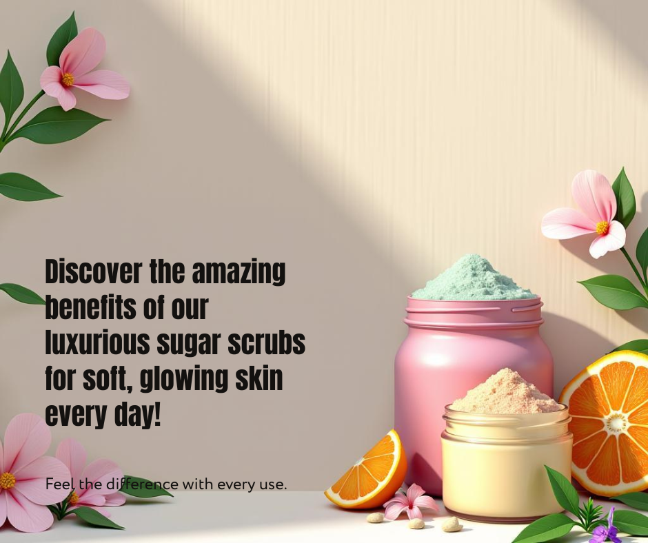 R Drew Naturals polished bloom facial scrub in pastel jars with sugar scrub texture citrus slices and flowers for glowing skin