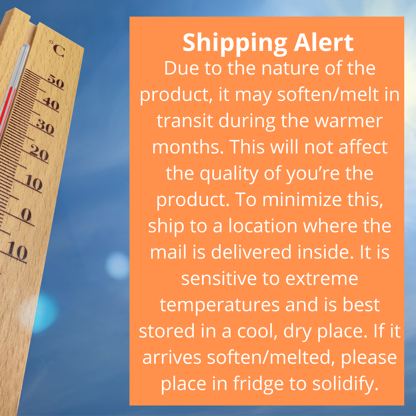 polished bloom facial scrub shipping alert graphic with thermometer warning about melting in warm weather