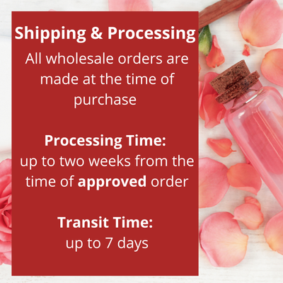 R Drew Naturals polished bloom facial scrub bottle with rose petals beside shipping and processing sign